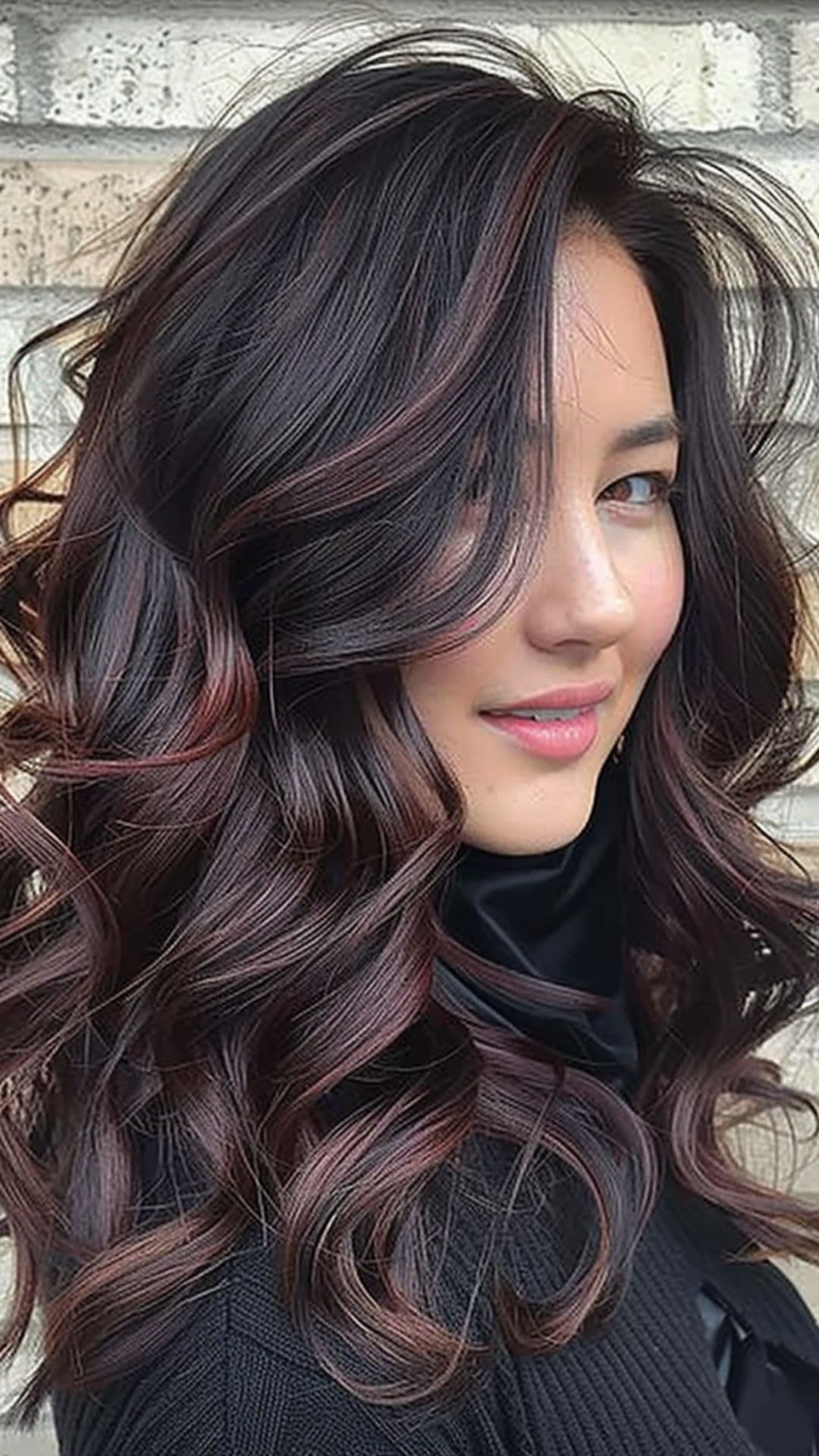 A woman modelling a burgundy tint for brunettes.