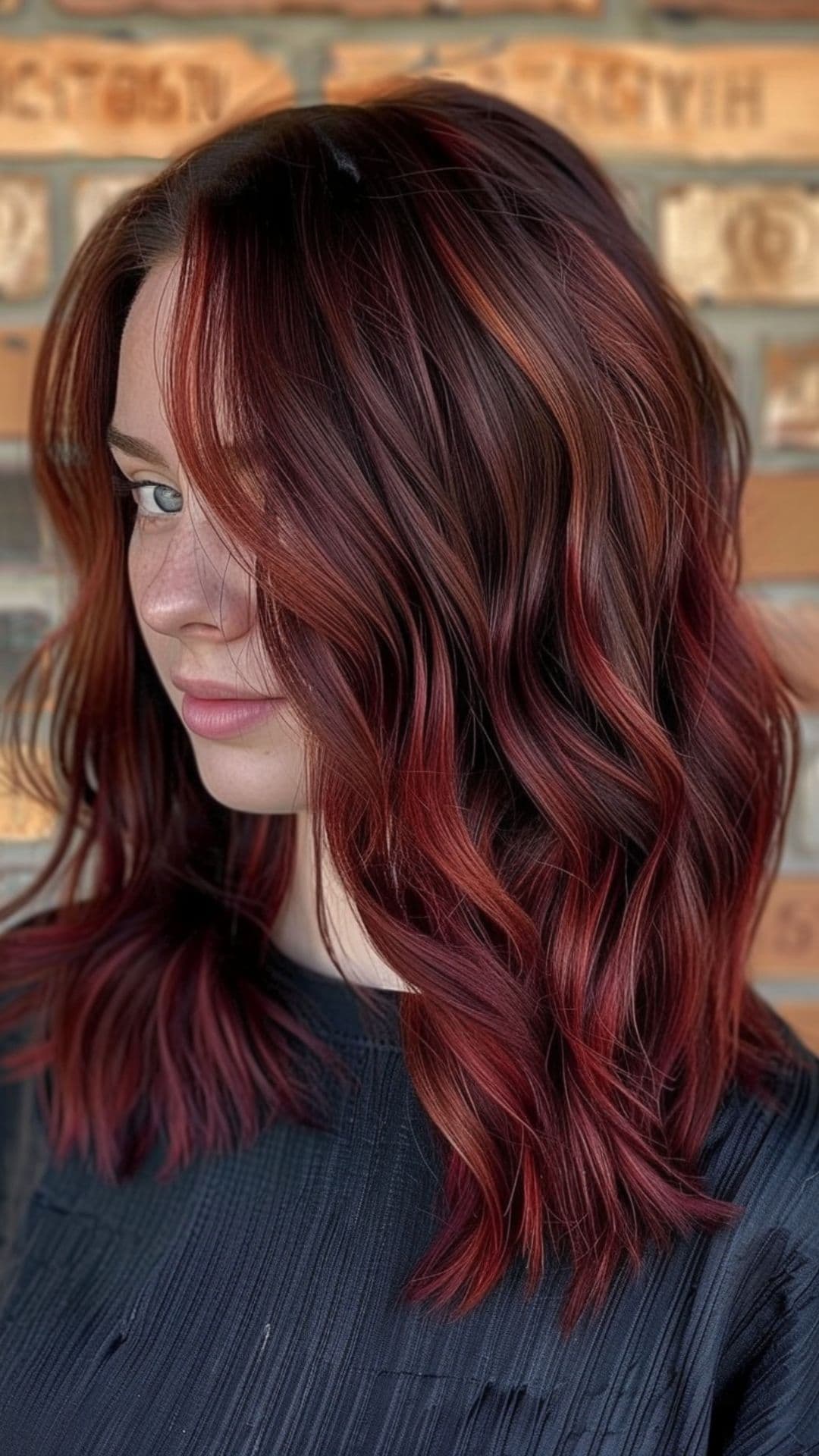 A woman modelling a burgundy and scarlet highlights.
