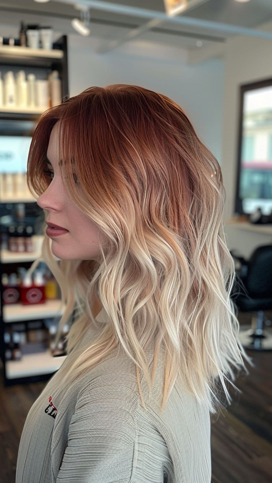 A woman modelling a burgundy to blonde ombre hair.