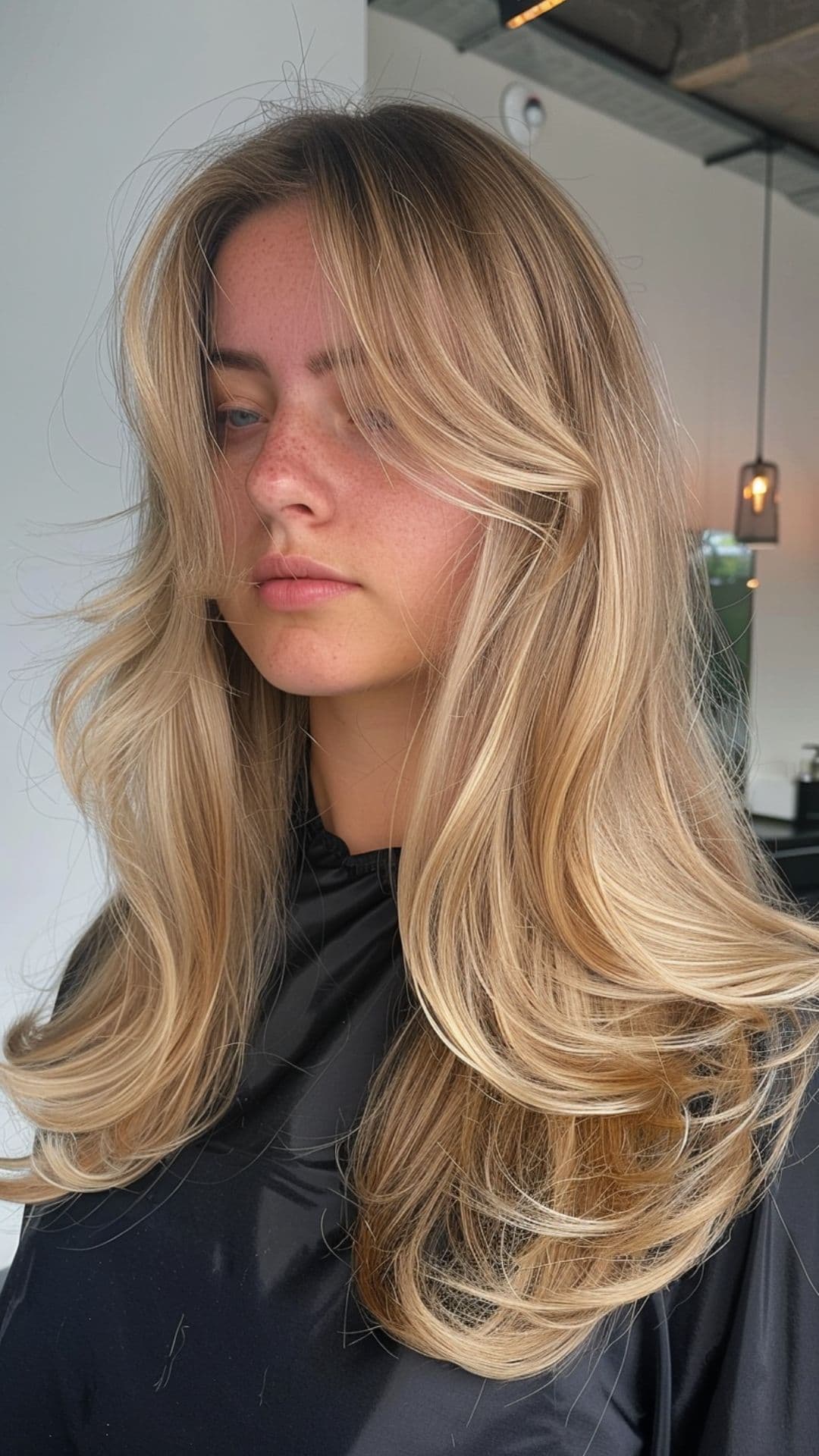 A woman modelling a champagne blonde highlights hairstyle.