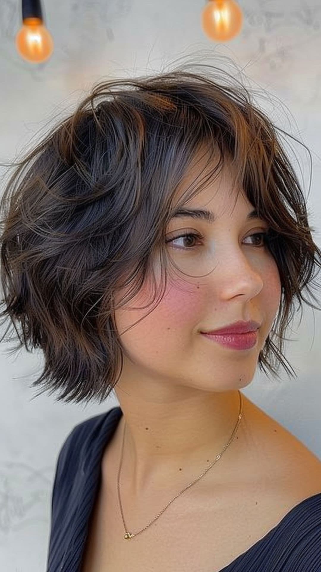A woman modelling a chin-length bob with wispy ends haircut.