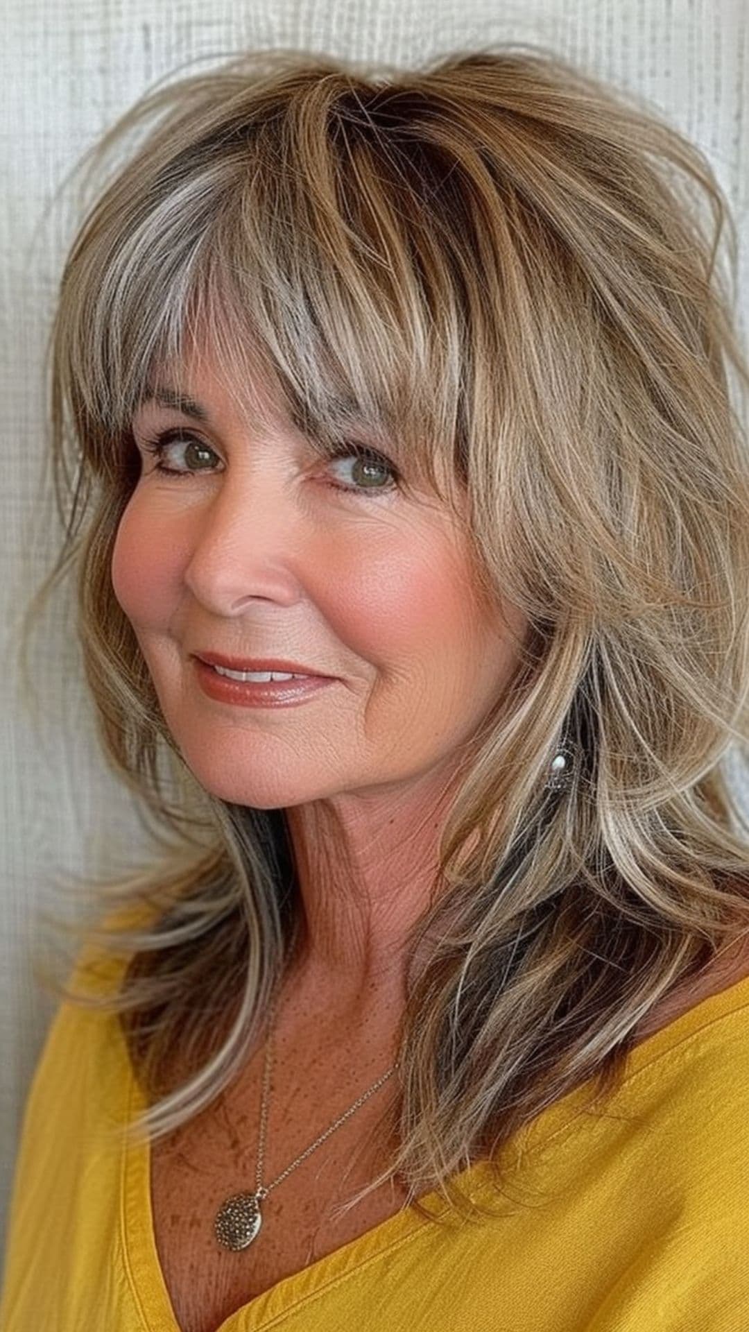An older woman modelling choppy bangs with layered hairstyle.