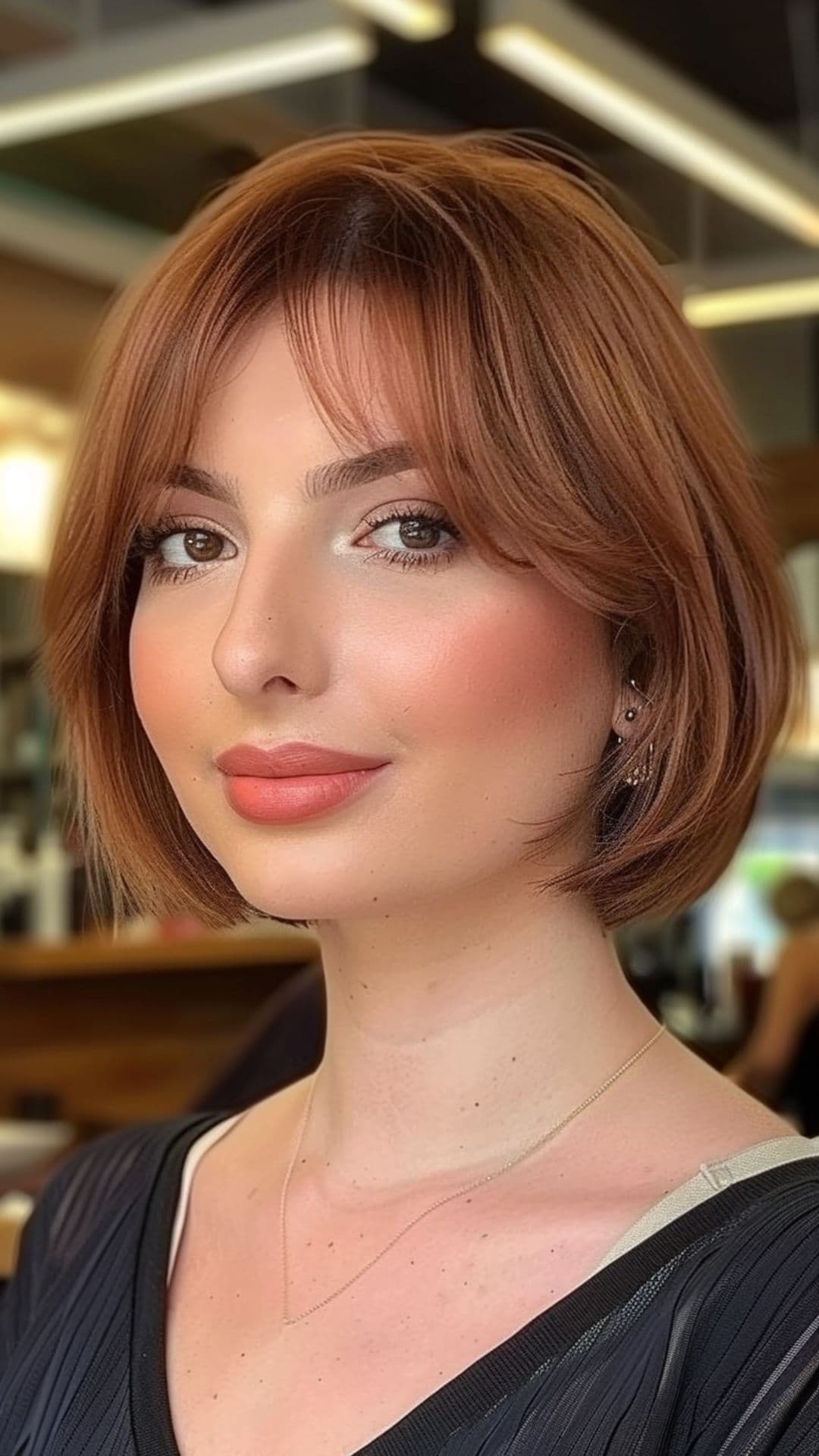 A woman modelling a classic chin-length bob haircut.
