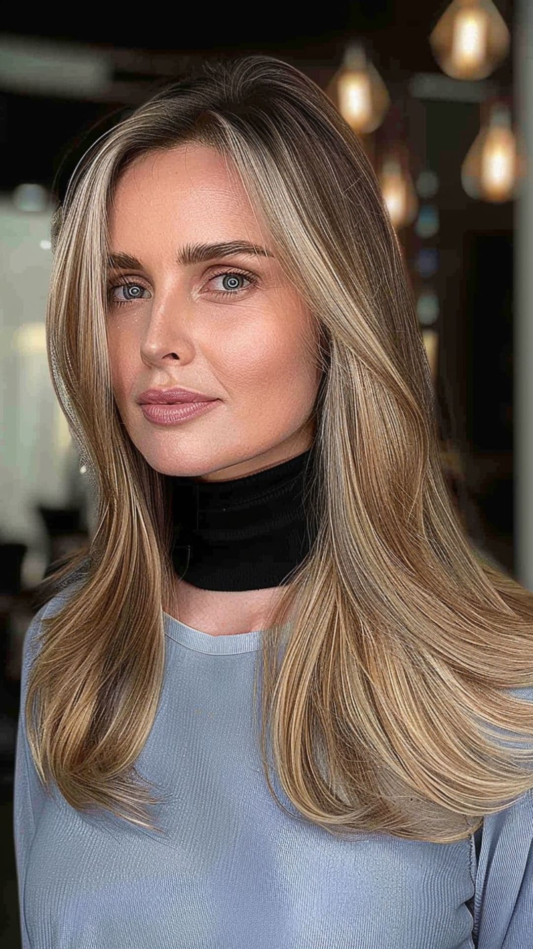 A woman modelling a classic straight hair with side part hairstyle.