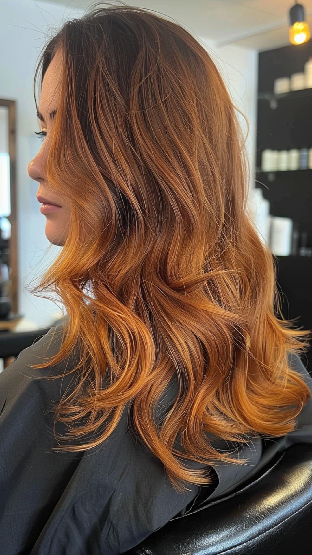 A woman modelling a copper ombre hair.