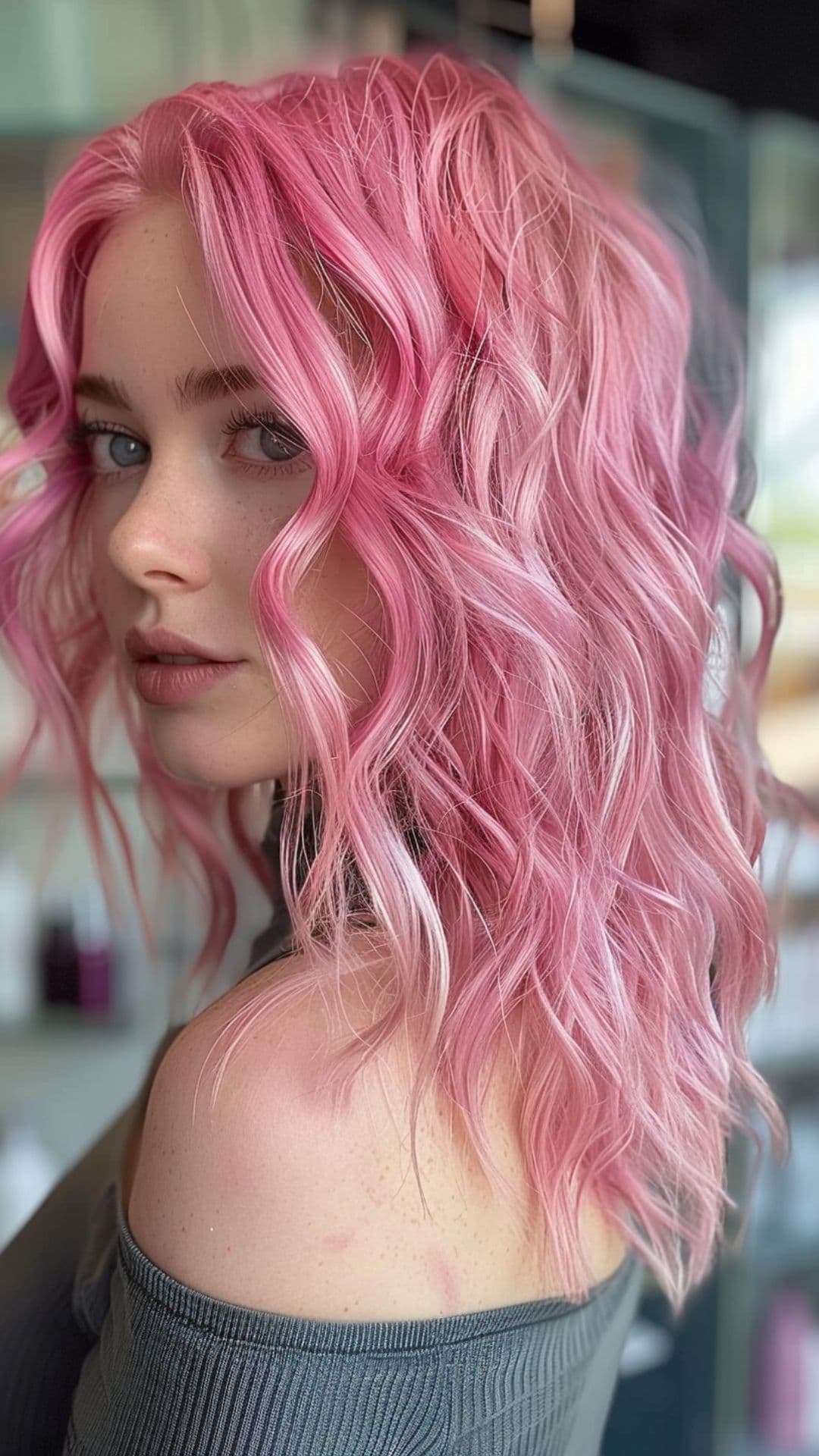 A woman modelling a cotton candy pink waves hair.