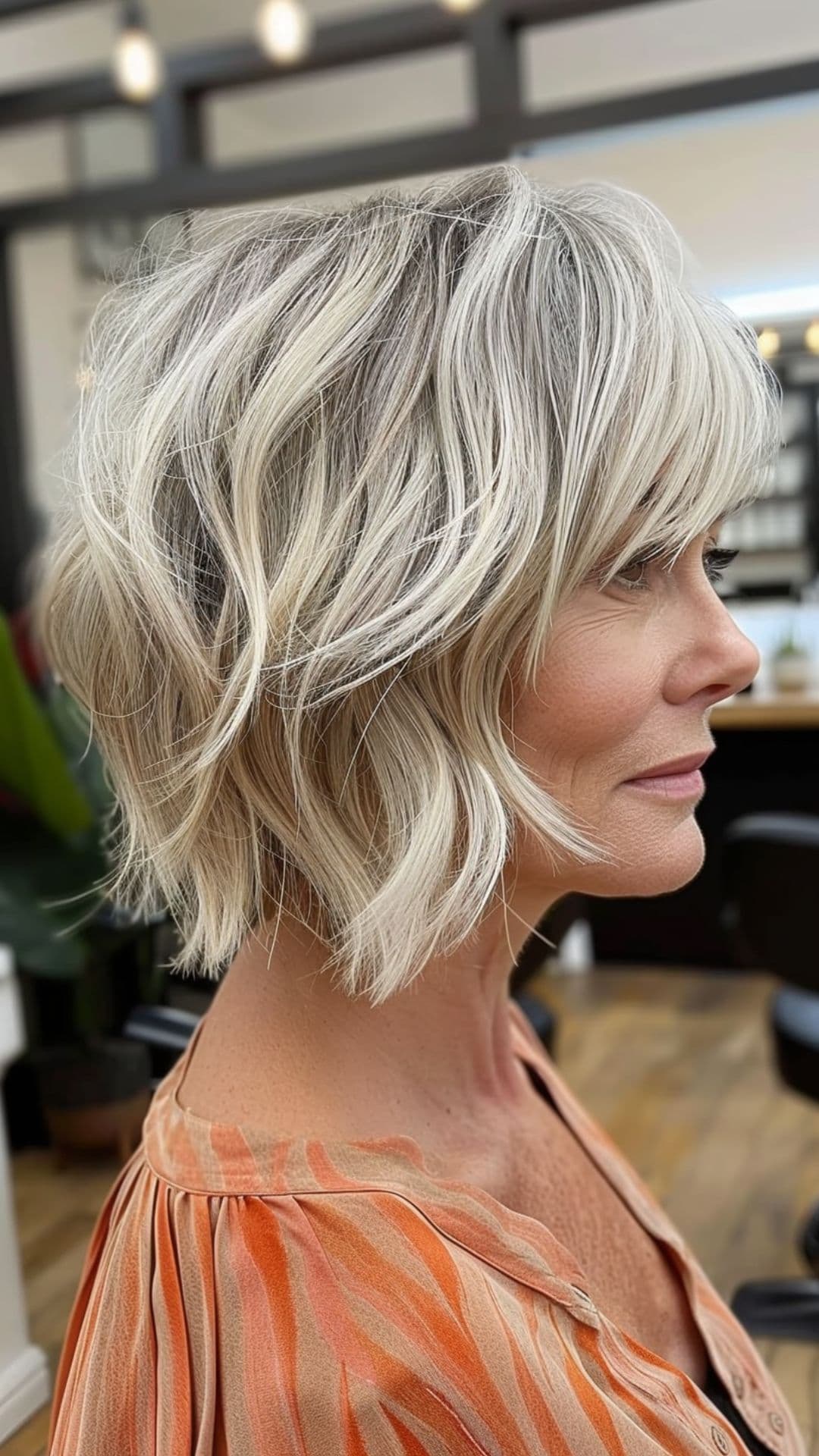 An older woman modelling a cropped bob with layers.