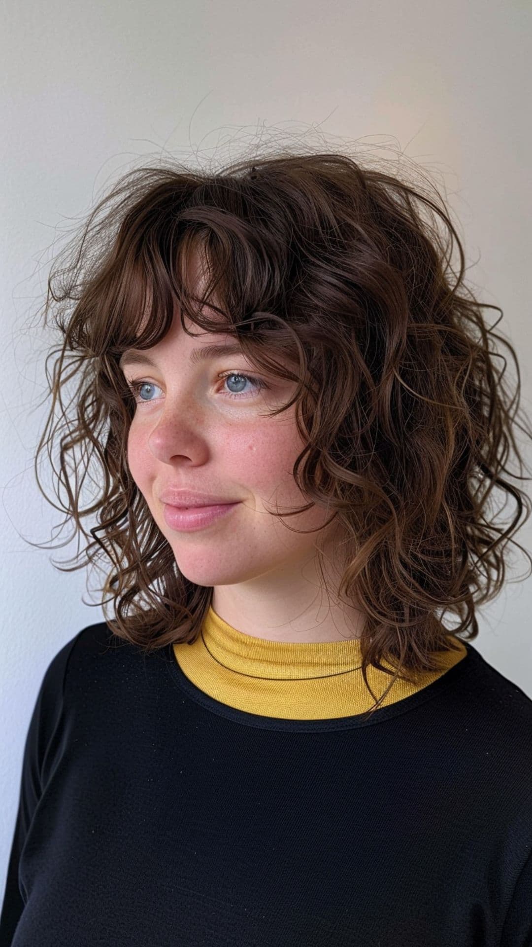 A woman modelling a curly lob with fringe.