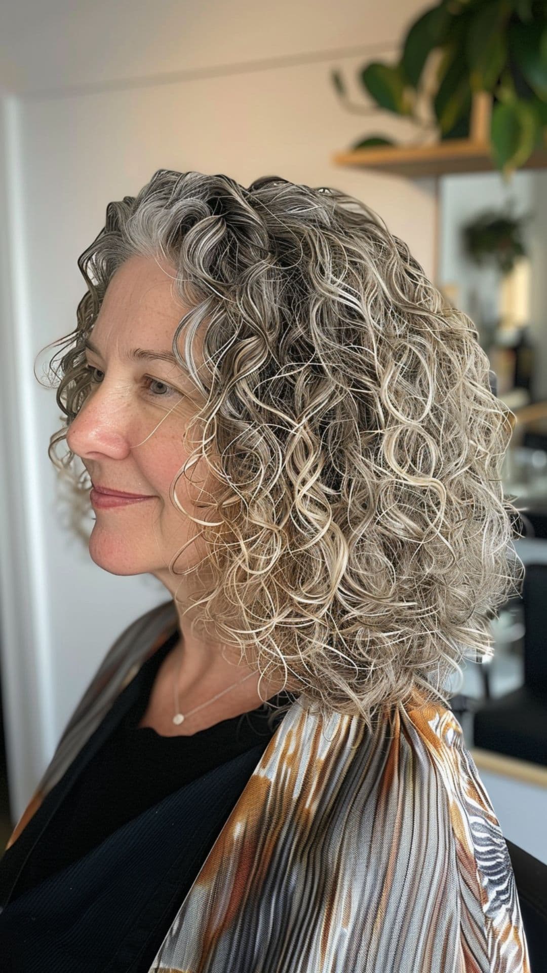 An older woman modelling a curly lob hairstyle.