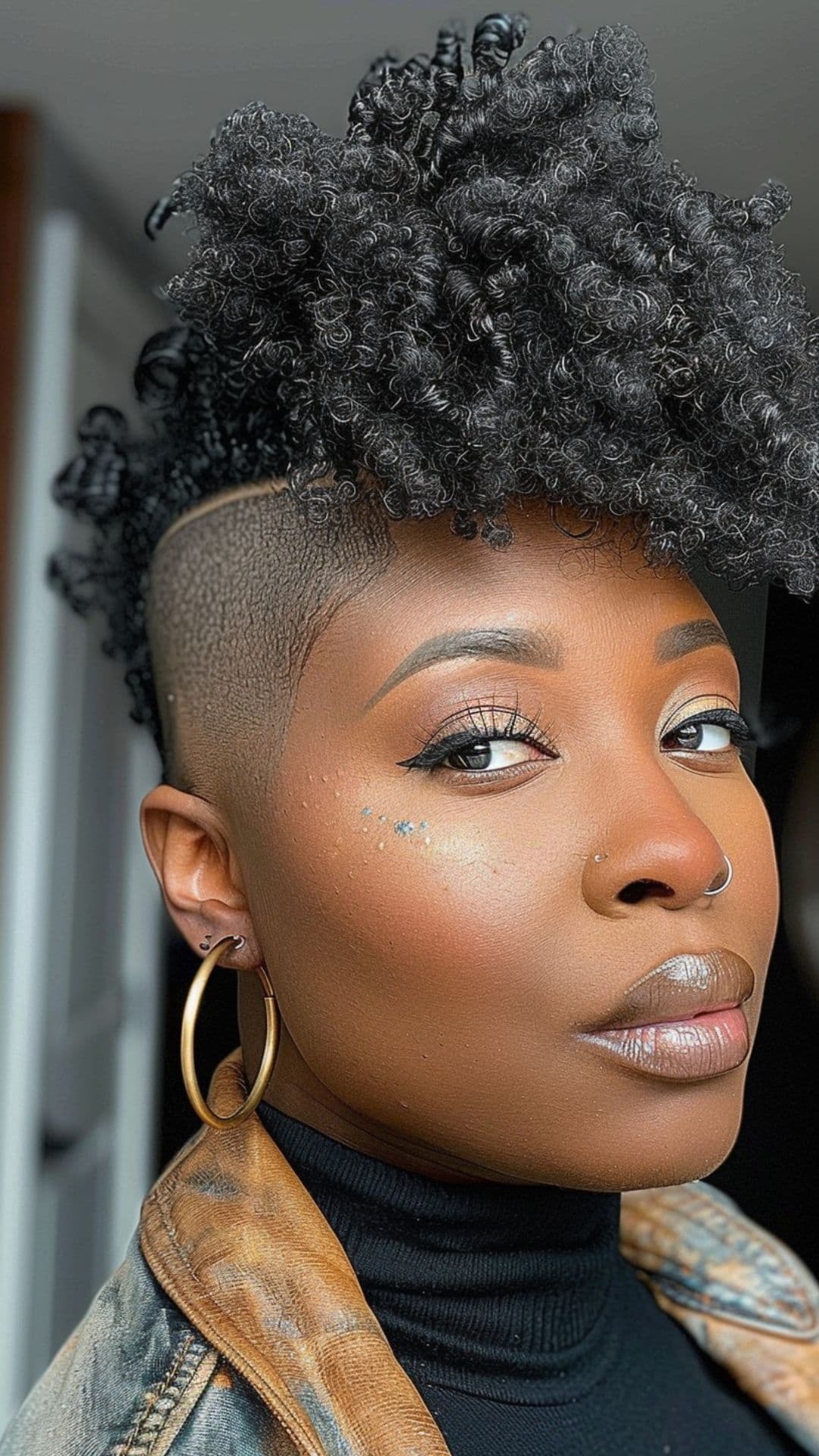 A black woman modelling a curly mohawk hairstyle.