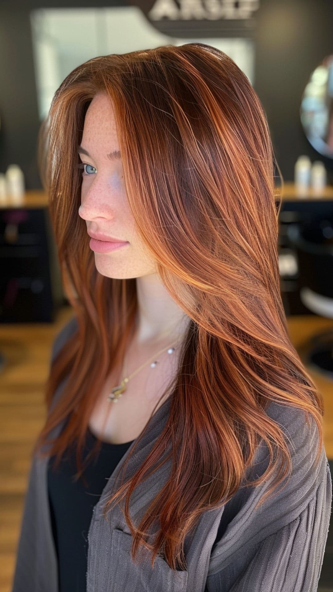 A woman modelling a dark auburn hair with copper highlights.