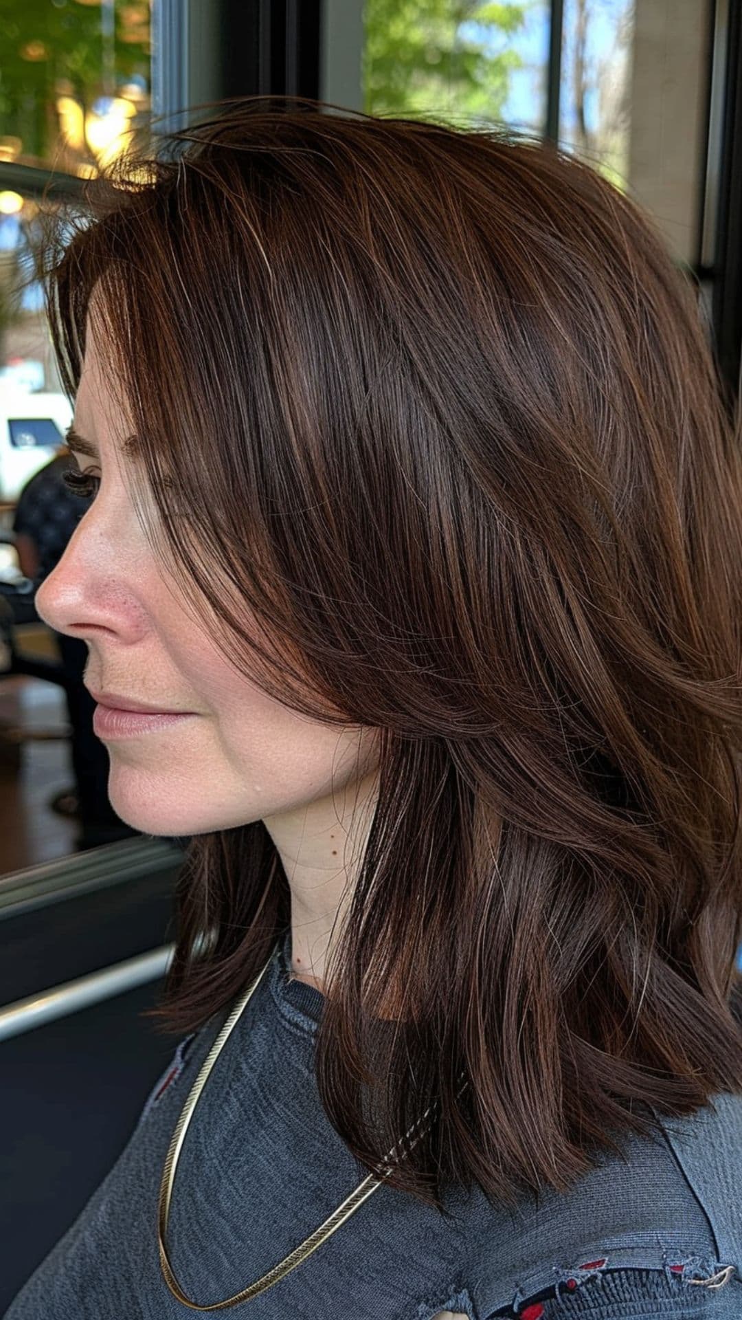 Una mujer modelando un cabello castaño chocolate oscuro.