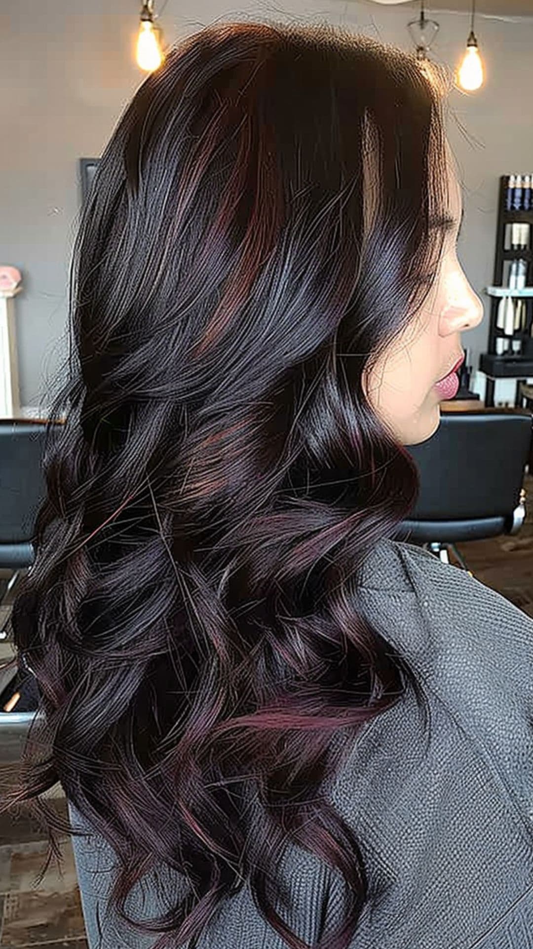 A woman modelling a dark hair with subtle burgundy highlights.