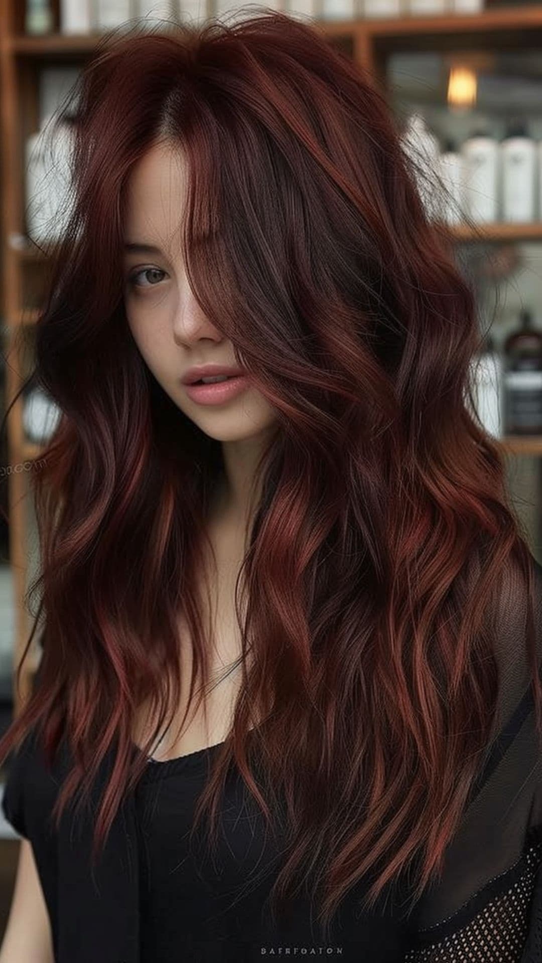 A woman modelling a dark red velvet hair.