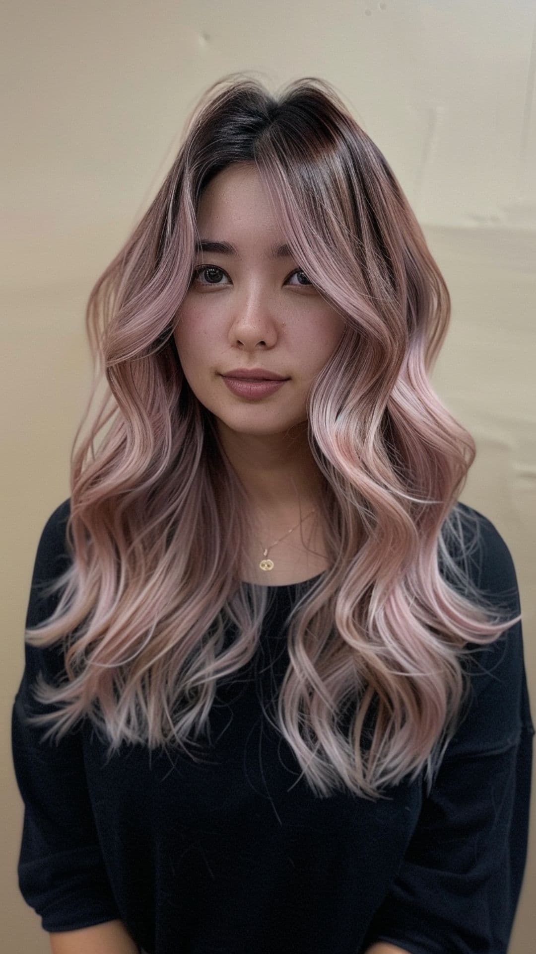 A woman modelling a dusty pink hair with shadow root.