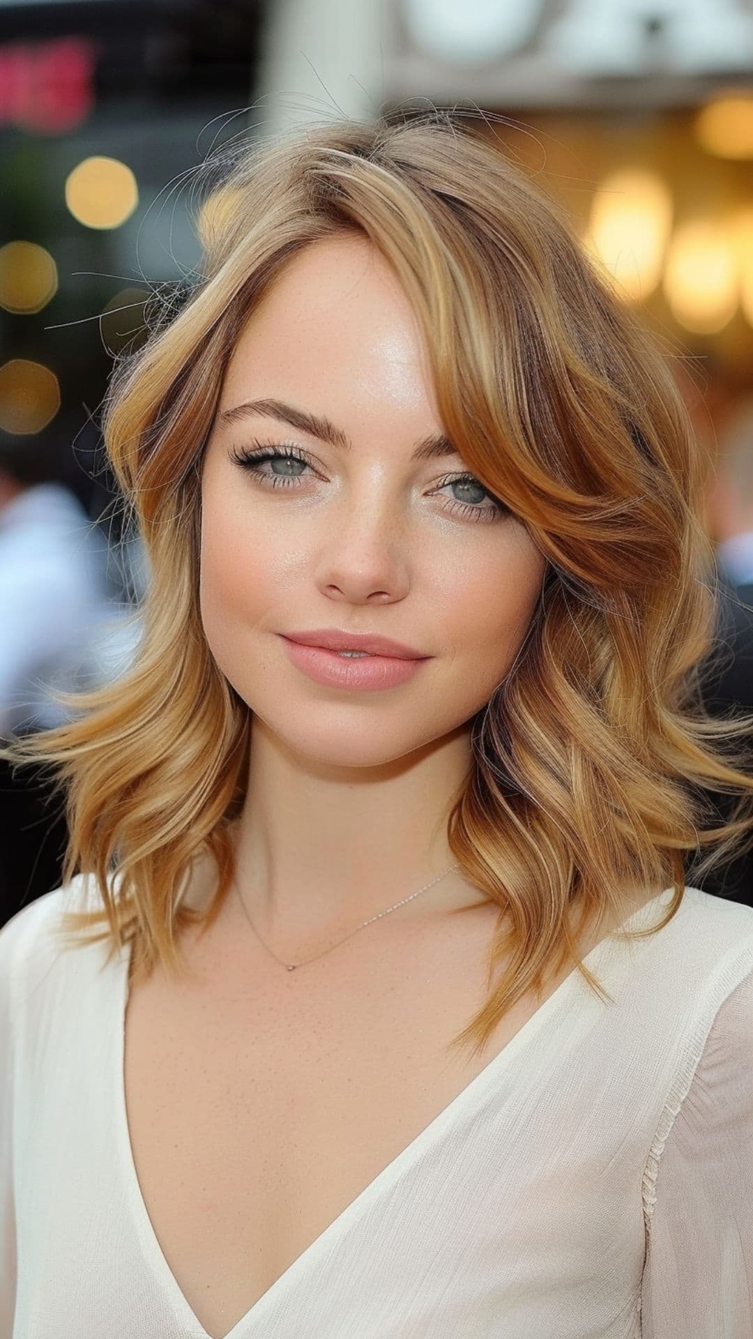 A woman modelling Emma Stone's soft, side-parted curls hairstyle.