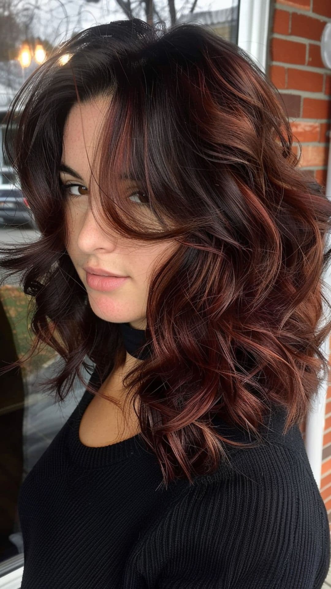 A woman modelling a espresso hair with red wine highlights.