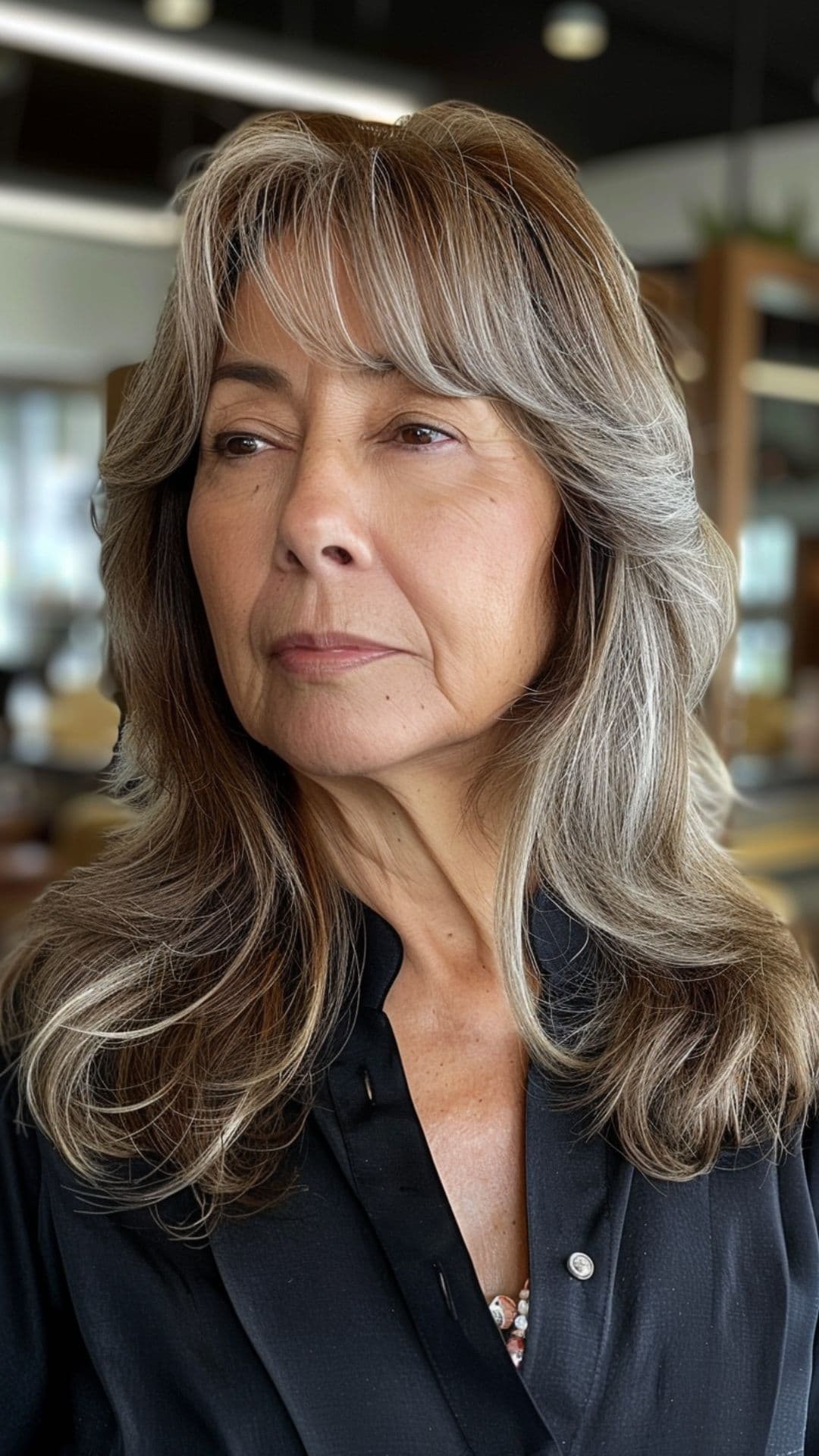 An older woman modelling a face-framing bangs with long layers.