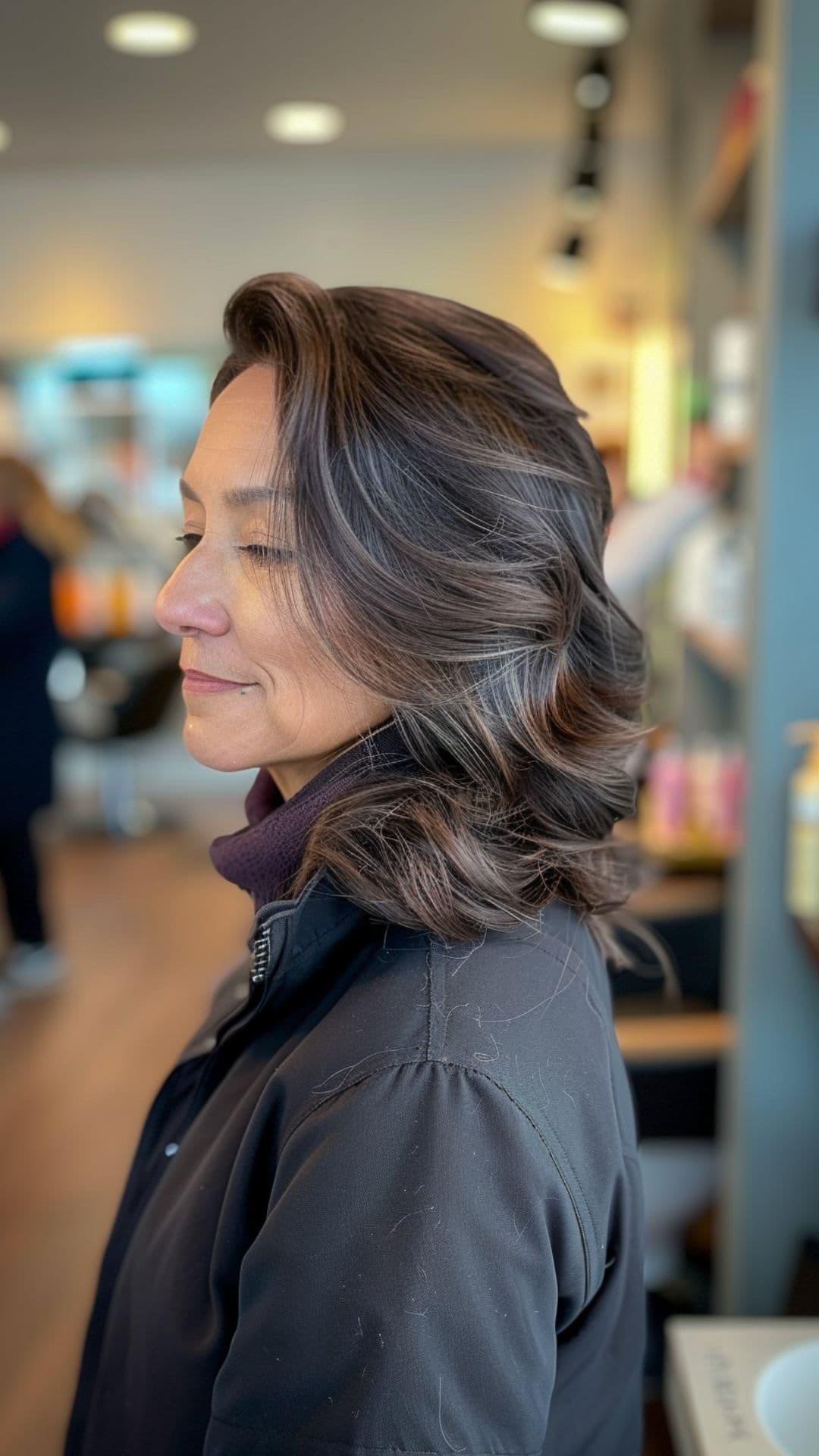 An older woman modelling feathered layers hairstyle.
