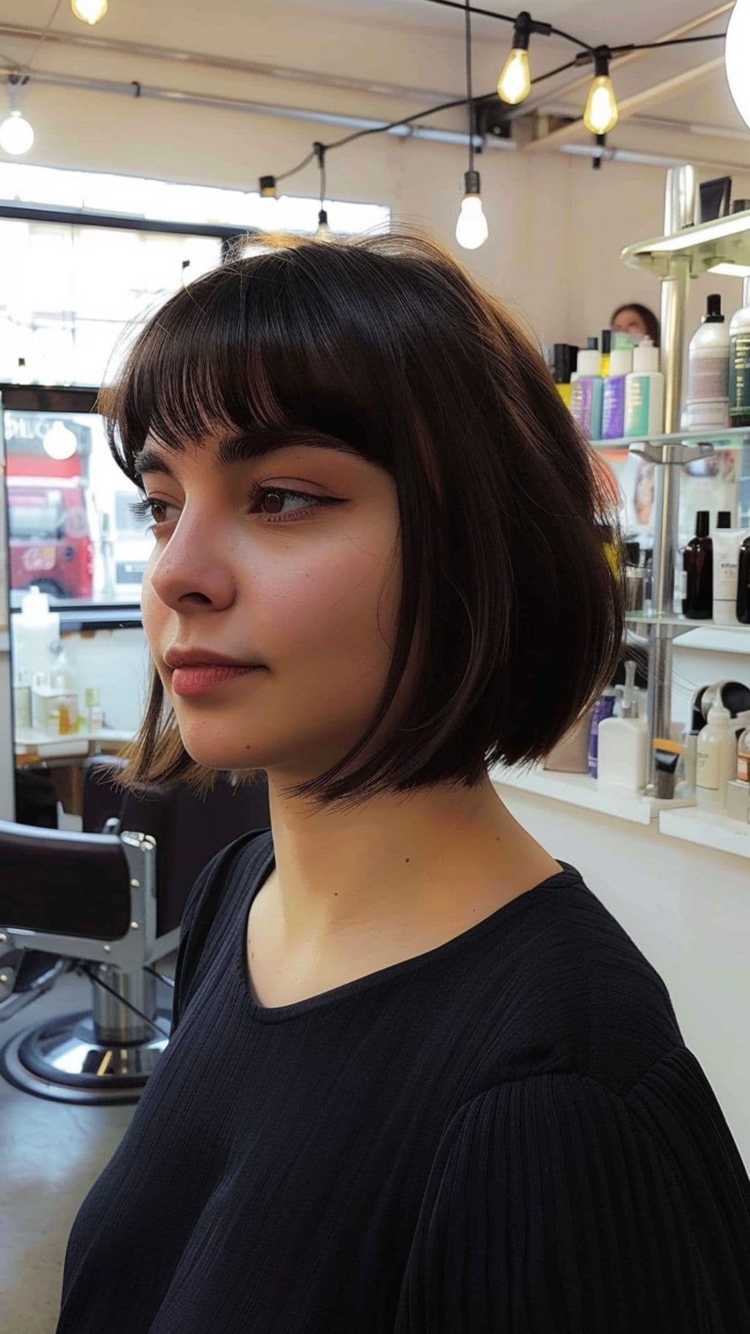 A woman modelling a french bob with blunt bangs.