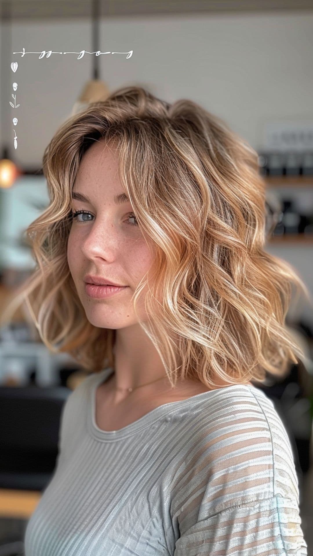 A woman modelling a gold and creamy mid-length cut with gentle waves.