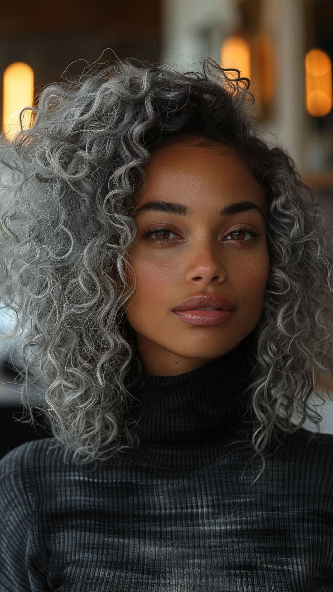 A Black woman modelling a gray natural curls hair.