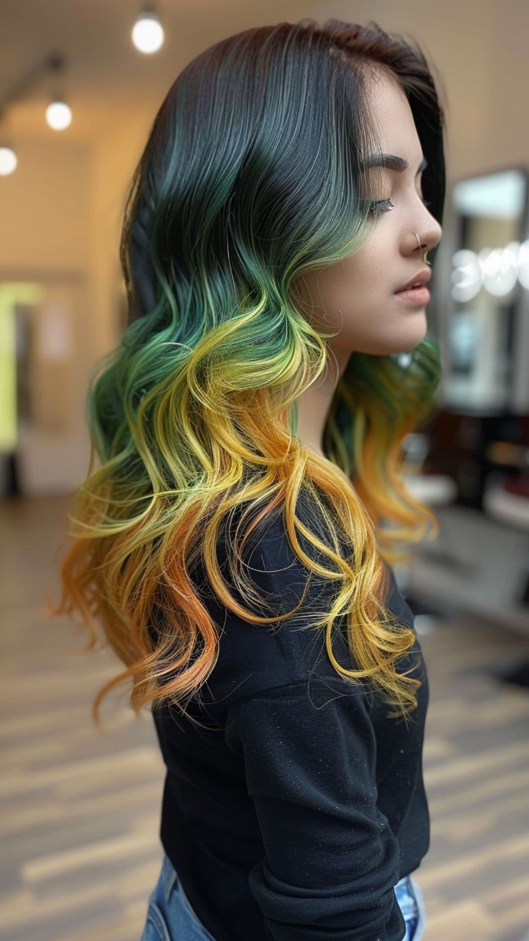 A woman modelling a green, yellow and orange ombre hair.