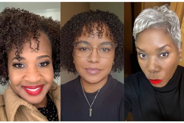 Collage photo of three older women modelling layered haircuts for round faces.