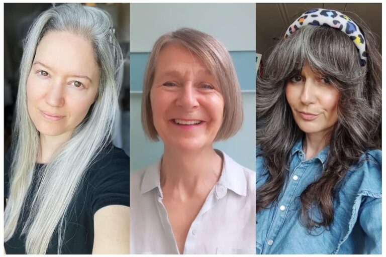 Collage photo of three women modelling the Best Hairstyles for Older Women with Gray Hair.