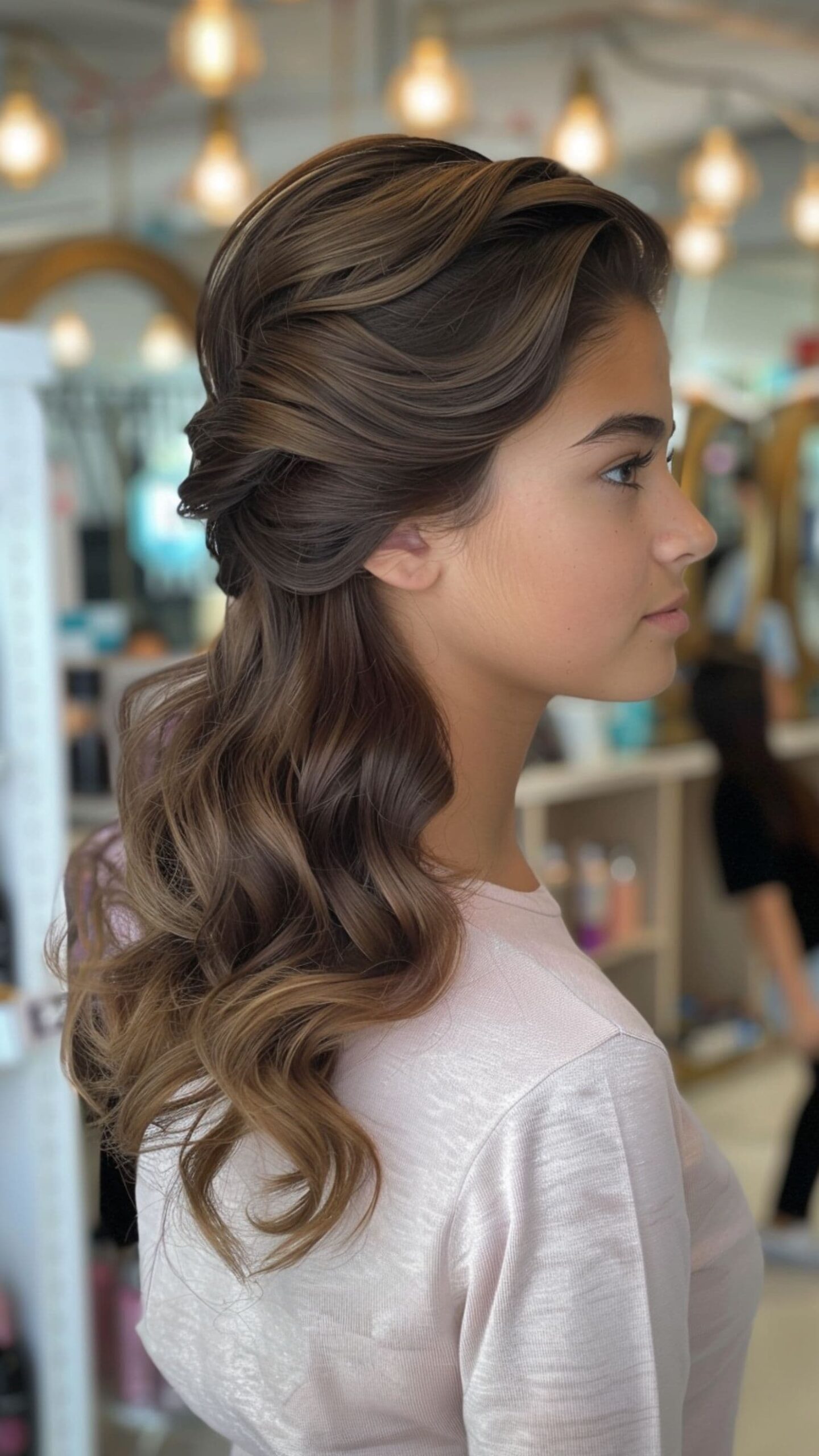 A woman modelling a half-pinned updo with waves hairstyle.