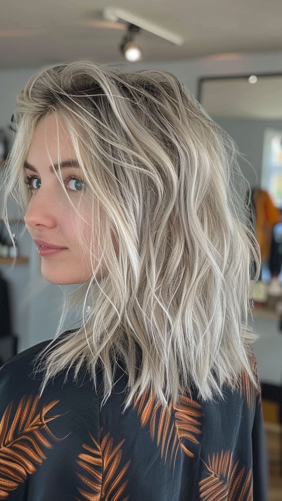 A woman modelling an icy silver highlights.