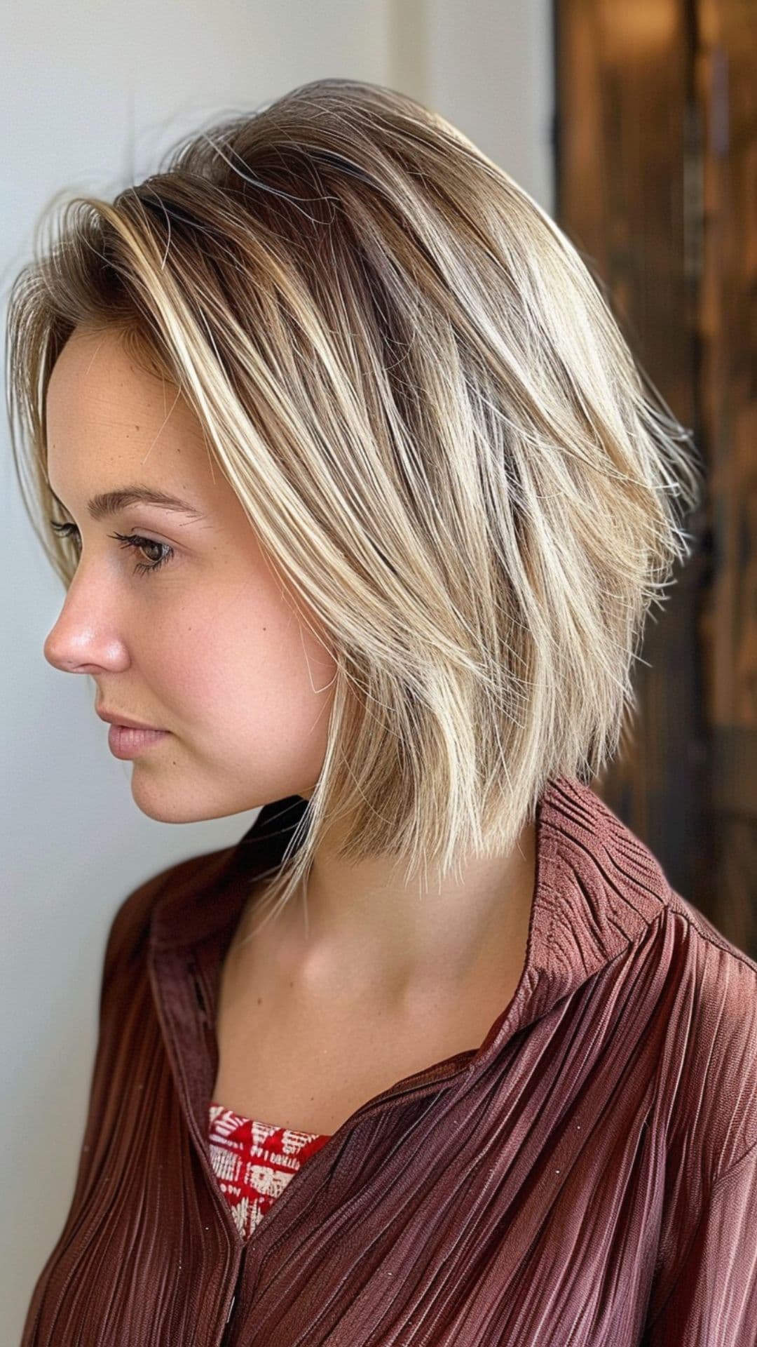 A woman modelling an inverted bob for round faces haircut.
