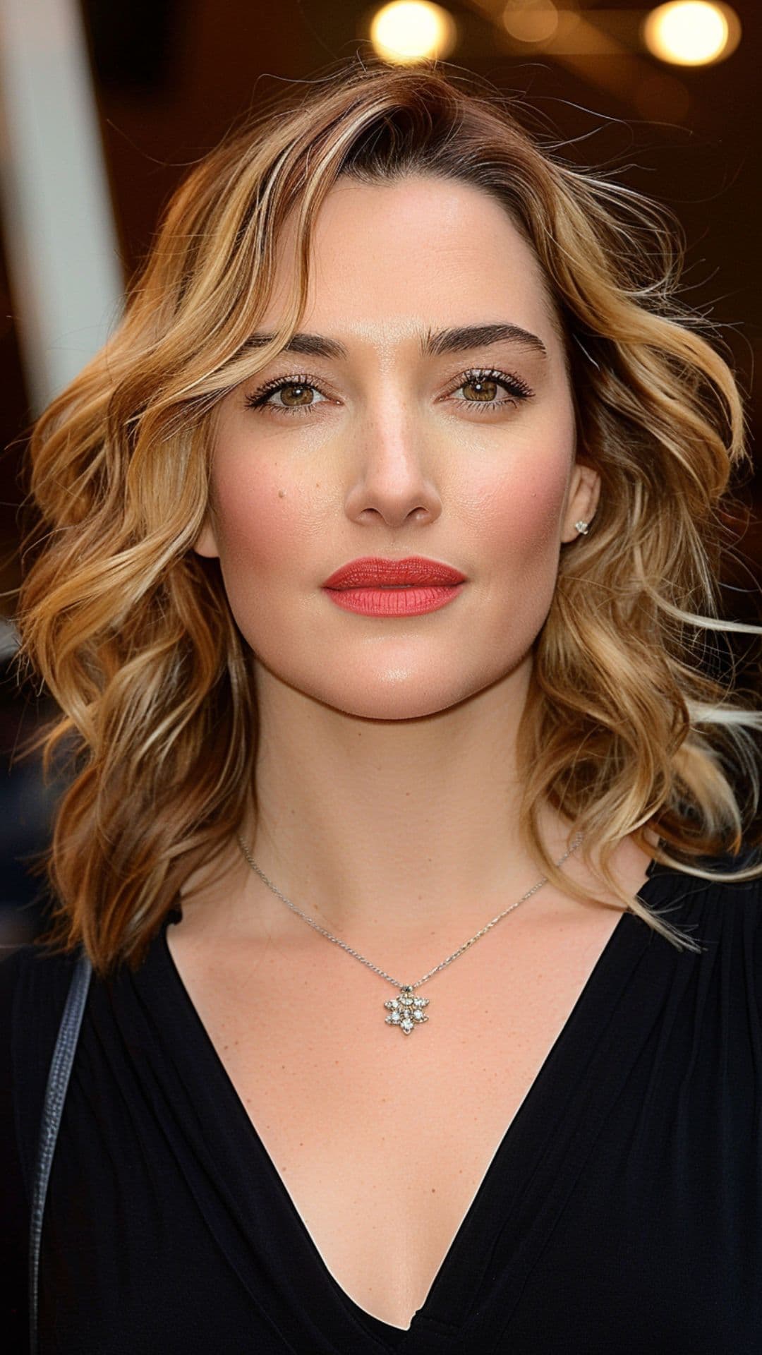 A woman modelling Kate Winslet's shoulder-length haircut.