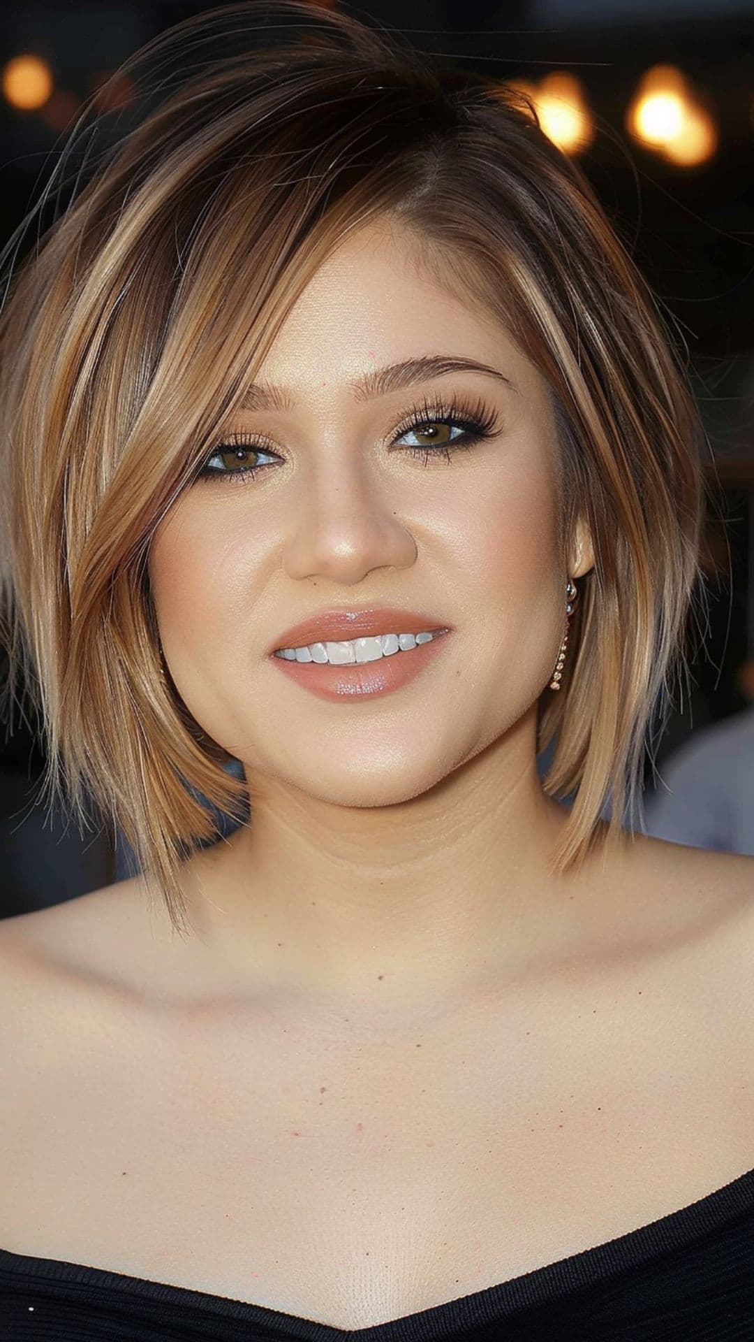 A woman modelling Kelly Clarkson's layered bob cut.