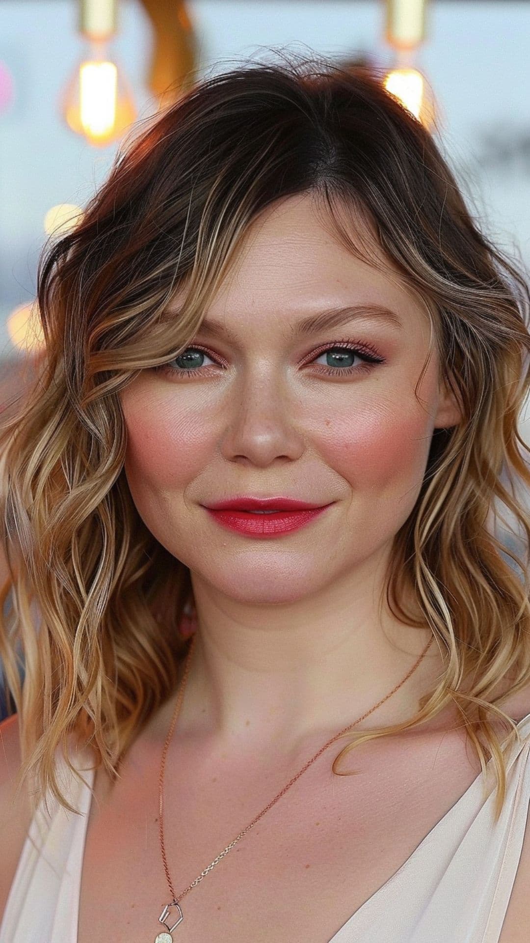 A woman modelling Kirsten's Dunst side-parted waves with deep side bangs.