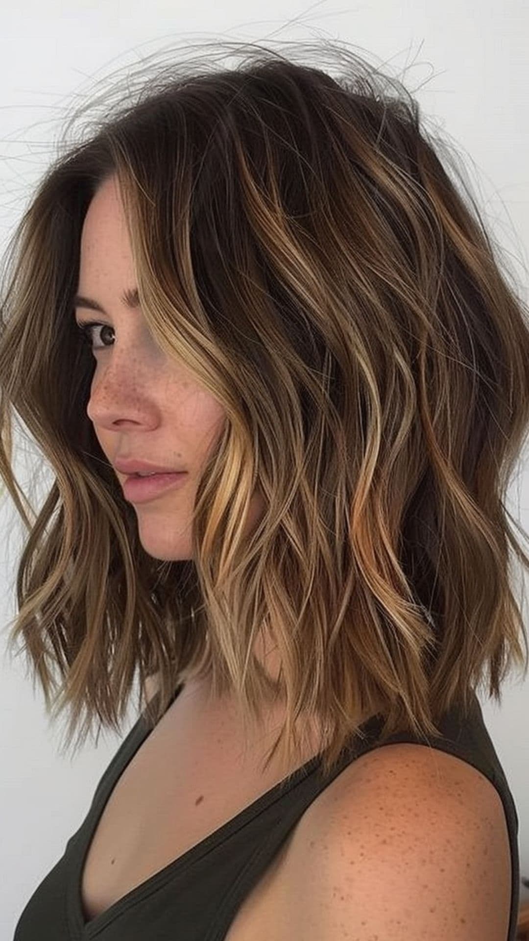 A woman modelling a layered balayage lob with textured ends.