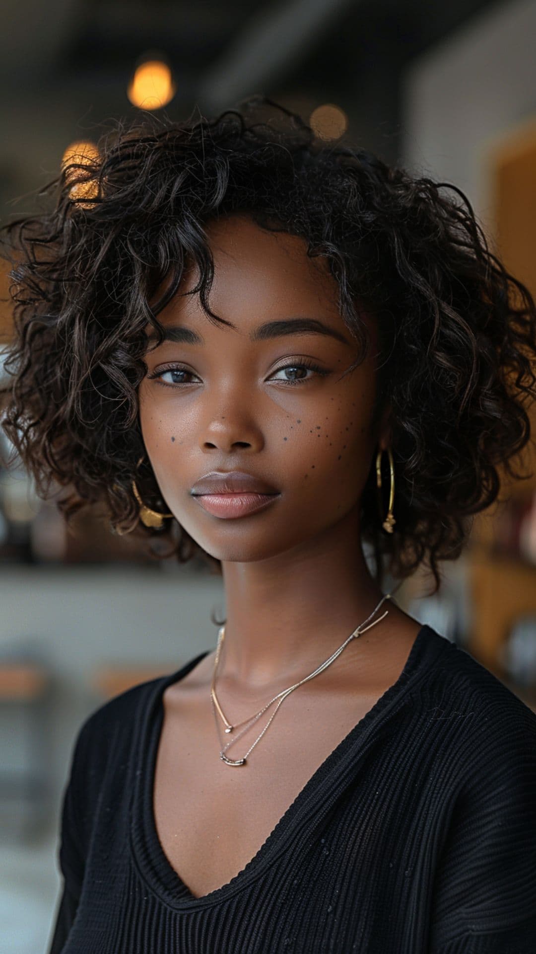 A black woman modelling a layered curly bob.