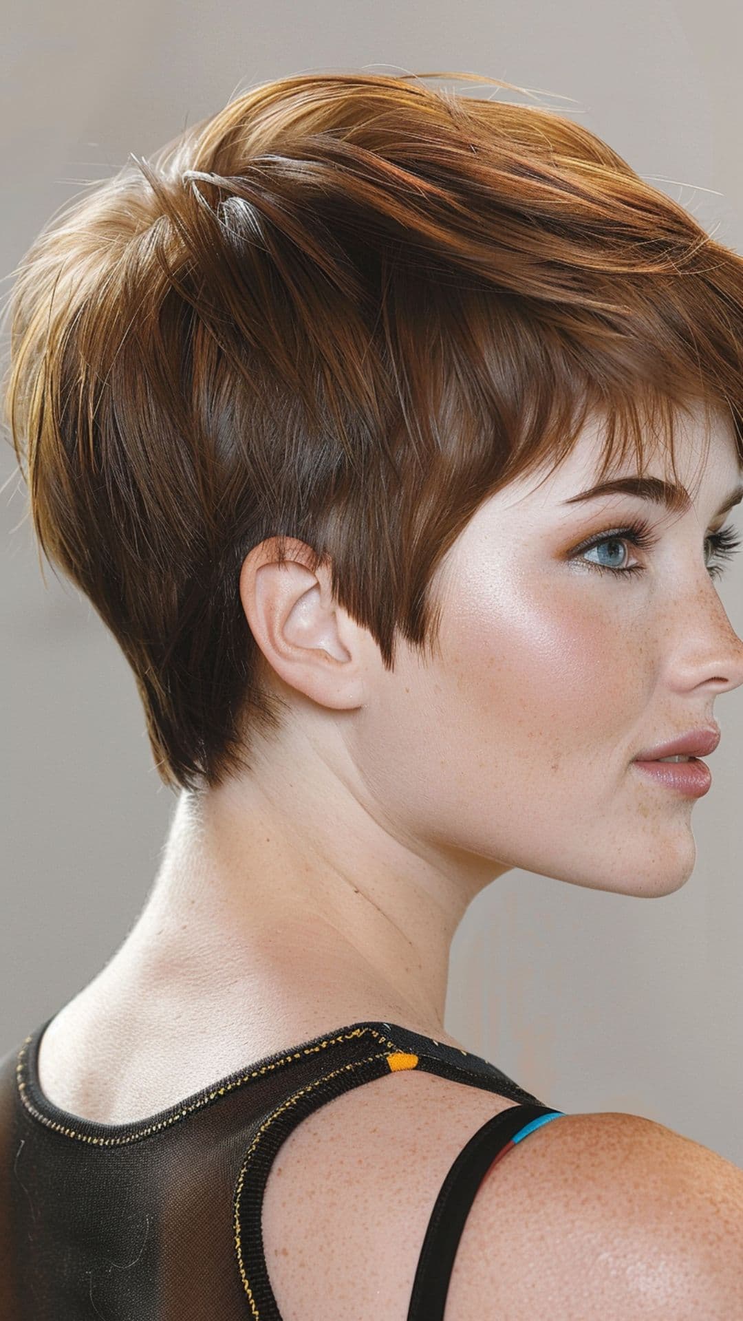 A woman modelling a layered pixie with tapered sides.