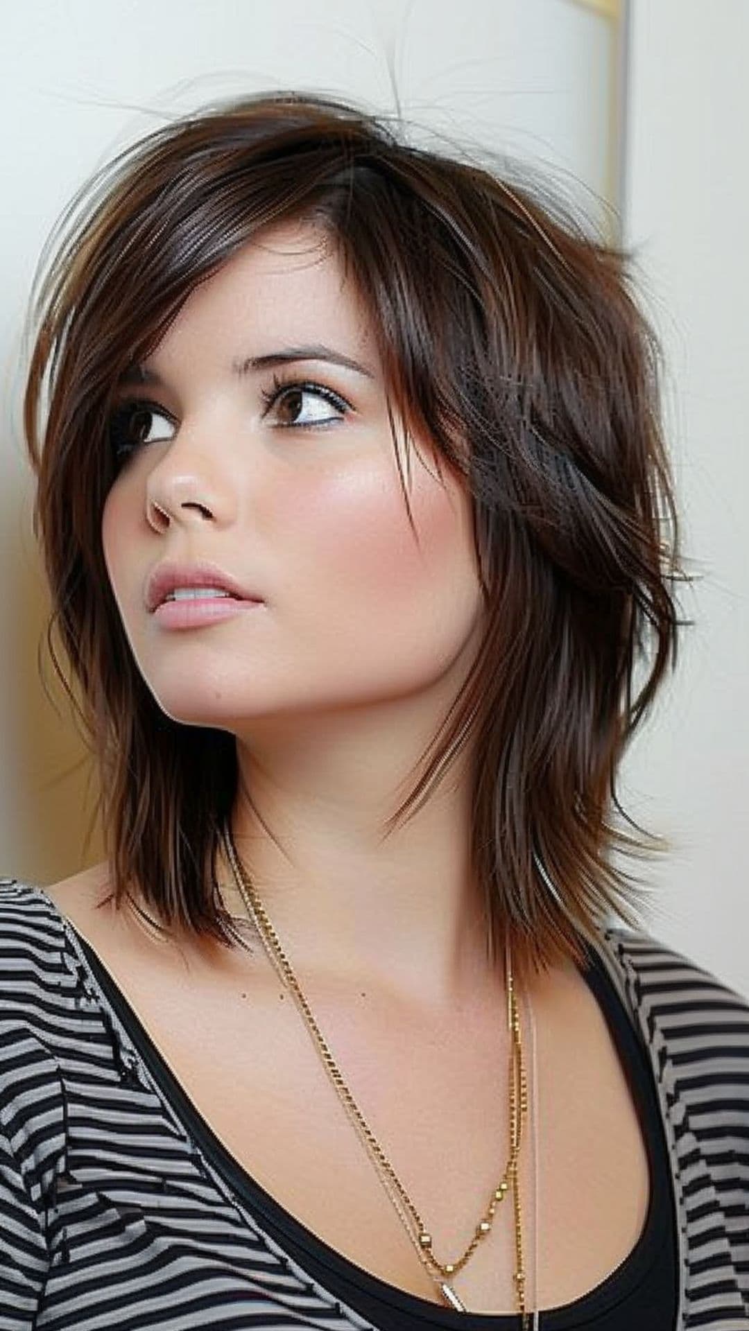 A woman modelling a layered shoulder-length hair with side bangs.