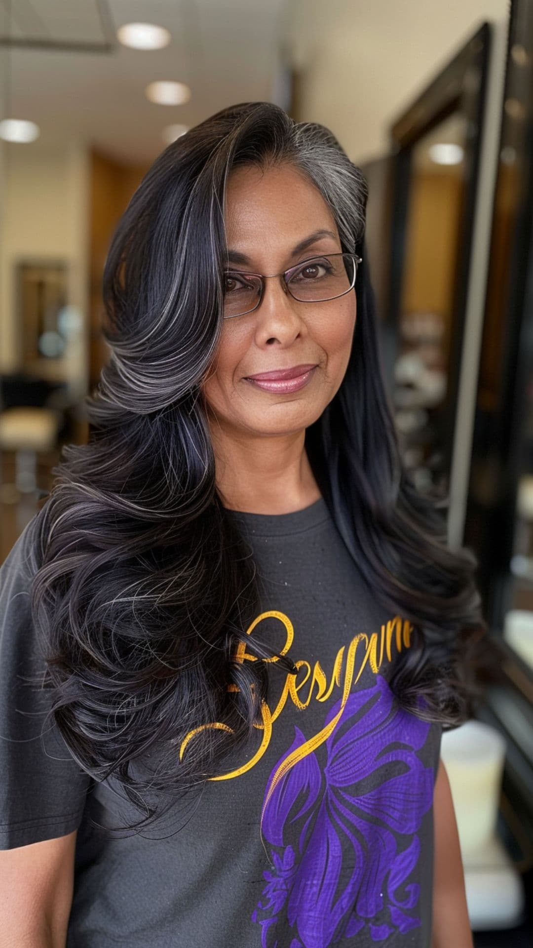 An older woman modelling a long hair with face-framing layers hairstyle.