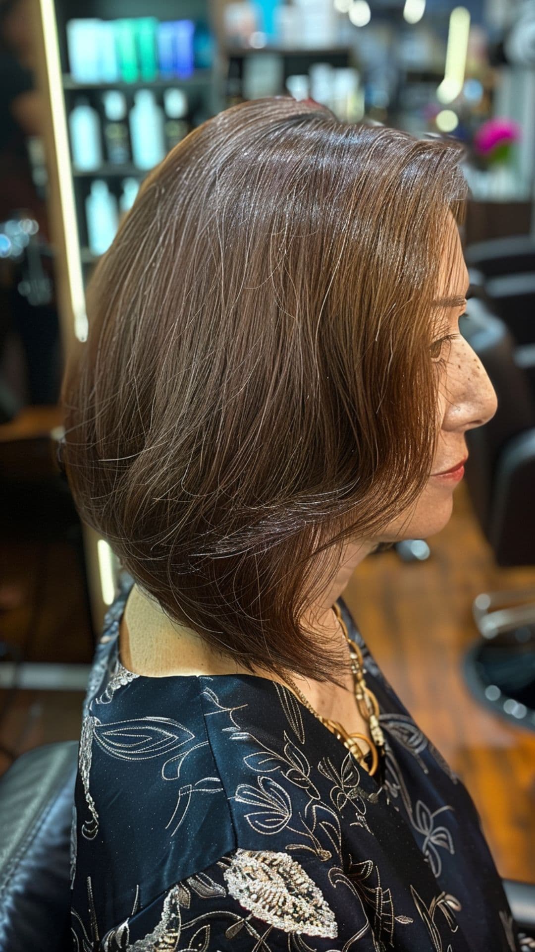 An older woman modelling a long inverted bob haircut.