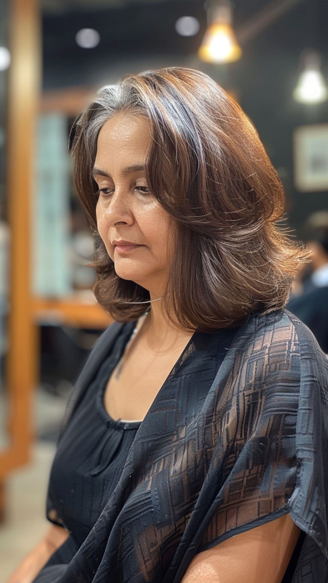 An older woman modelling a long layered bob haircut.