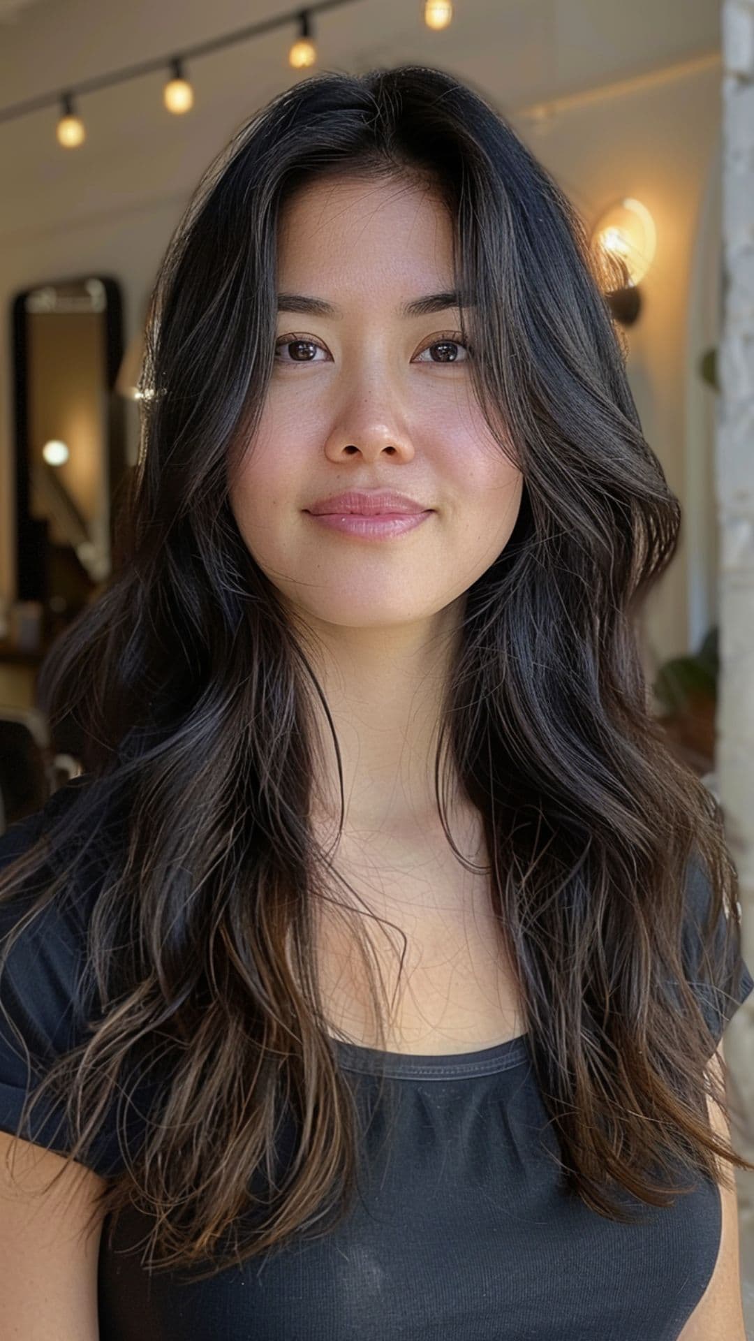 A woman modelling a long layers with soft waves.