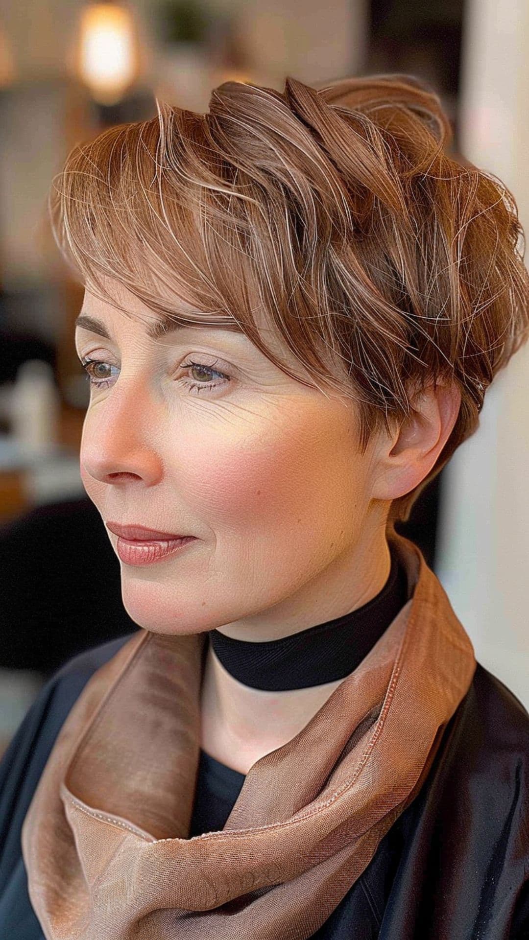 An older woman modelling a long pixie cut with side-swept bangs.