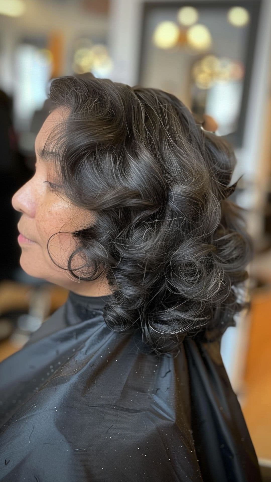 An older woman modelling a medium layered cut with soft curls.