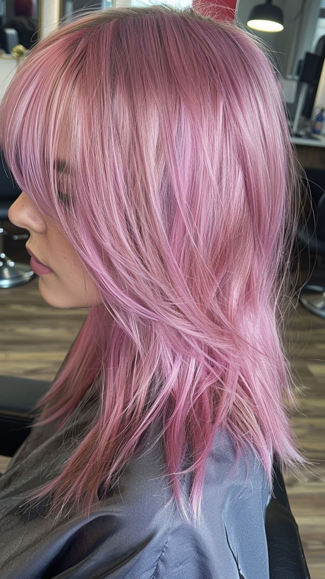 A woman modelling a metallic pink shine hair.
