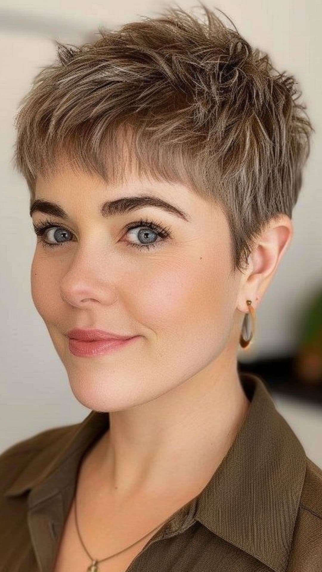 A woman modelling a micro bangs with textured pixie cut.