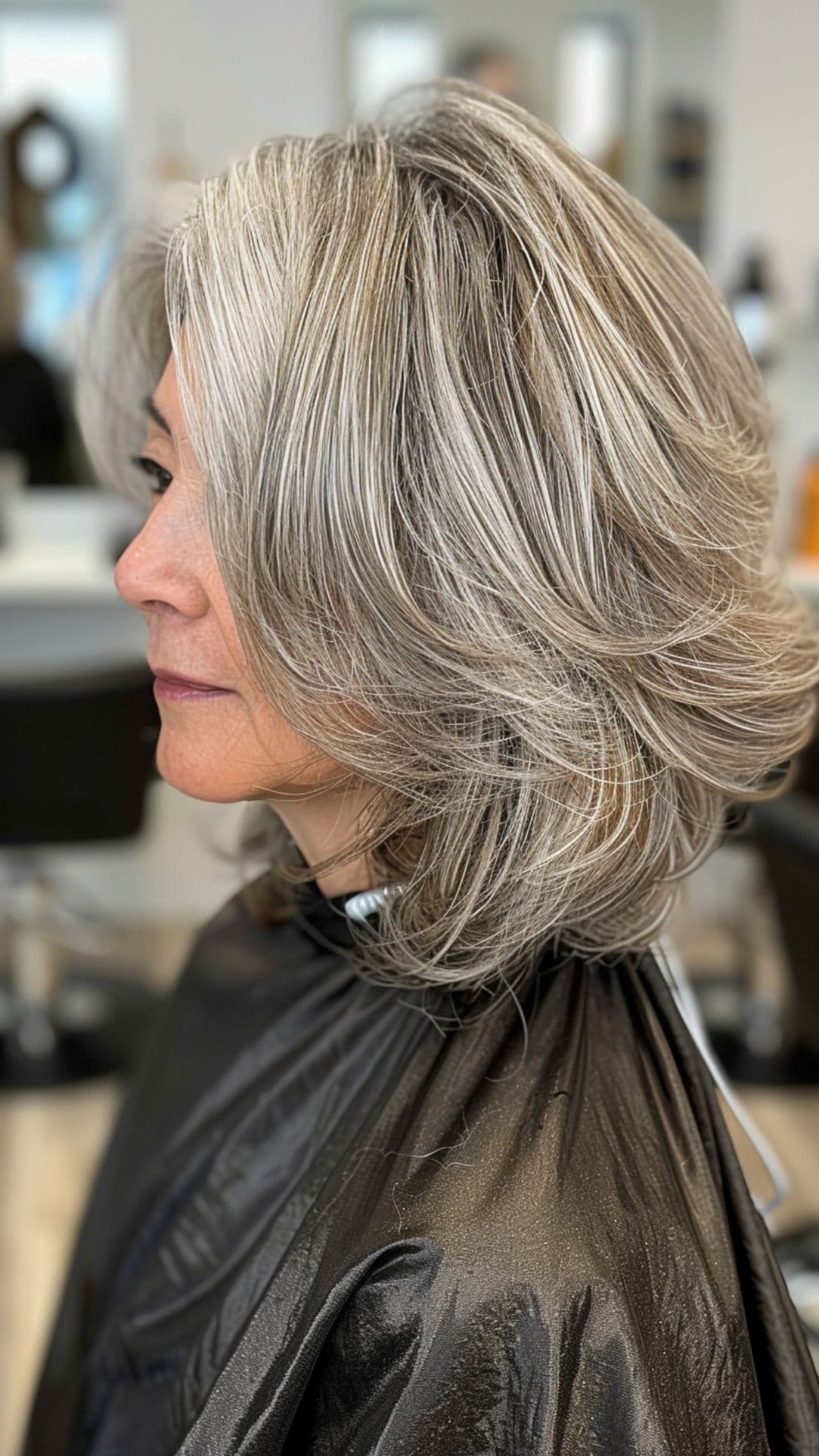 Una anciana modelando un cabello gris natural con reflejos bajos.