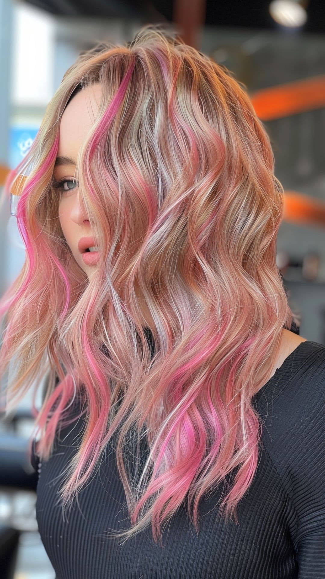 A woman modelling a pastel pink highlights.