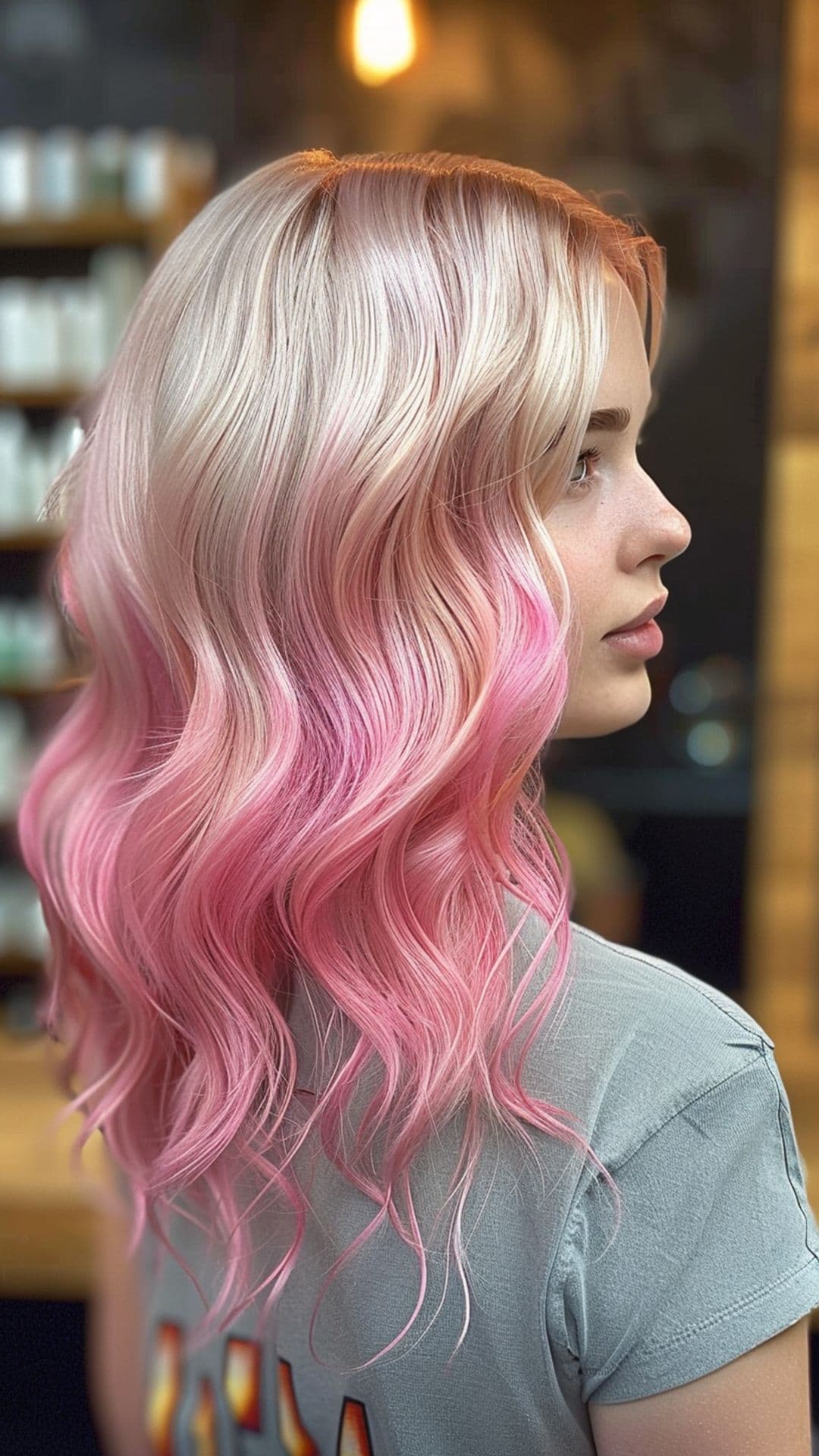 A woman modelling a pastel pink ombre hair.